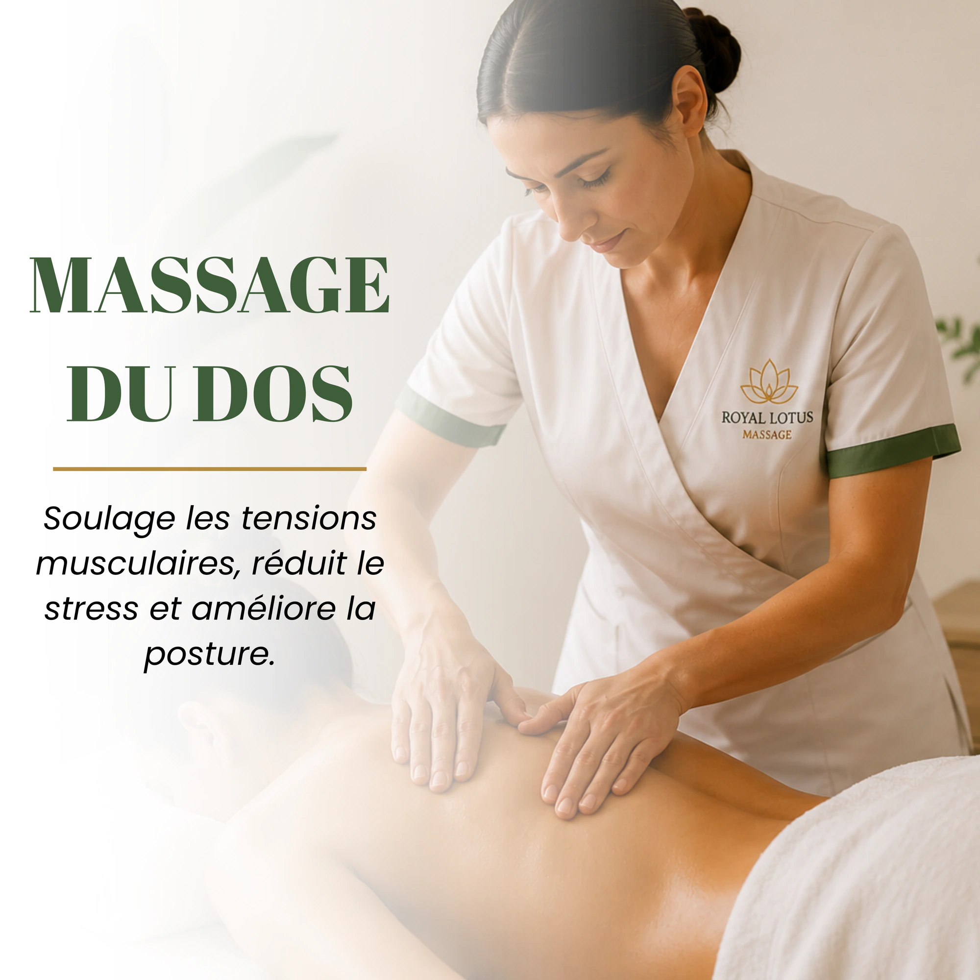 Praticienne RoyalLotus réalisant un massage du dos à domicile — soulage les tensions musculaires, réduit le stress et améliore la posture