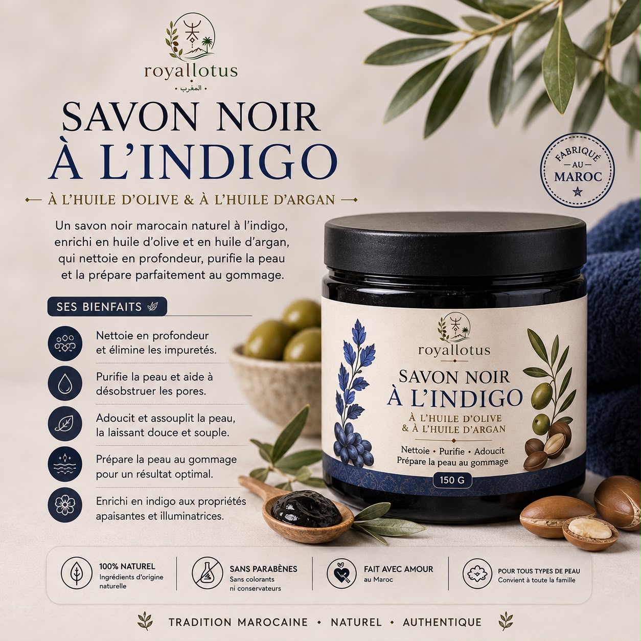 Pot de savon noir à la nila RoyalLotus 150 g, à l'huile d'olive et d'argan